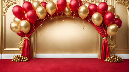 Red carpet with golden arch and balloons in classic interior. 3D render. generated by AI.の素材
