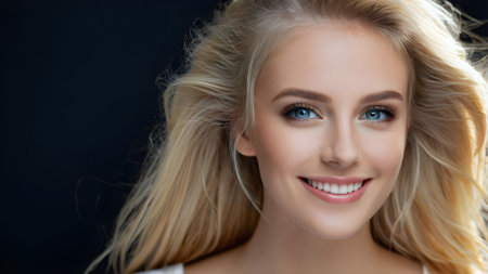 portrait of beautiful blonde woman with long hair, isolated on black. generated by AI.の素材