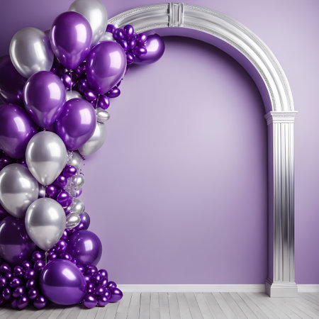 purple wall with white arch and purple balloons 3d rendering image. generated by AI.の素材