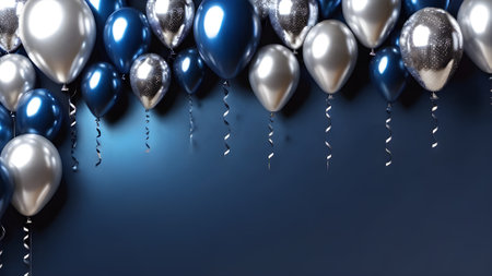 Blue and silver balloons on dark blue background. 3D Rendering. generated by AI.の素材