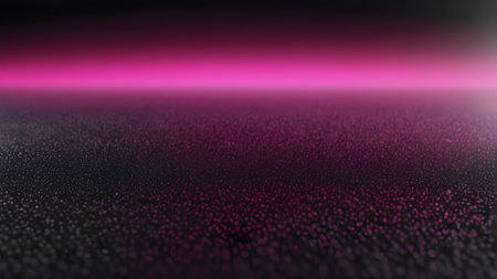 An abstract landscape features shimmering particles scattered across a dark surface illuminated by a pink glow.. generated by AIの素材