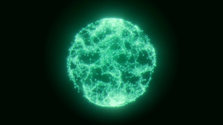 A glowing green sphere made up of interconnected lines and nodes against a dark background, symbolizing data.の写真素材