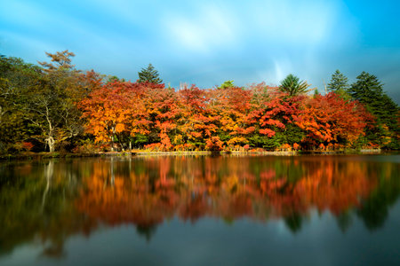Reflection of autumn leaves on the lakeの写真素材