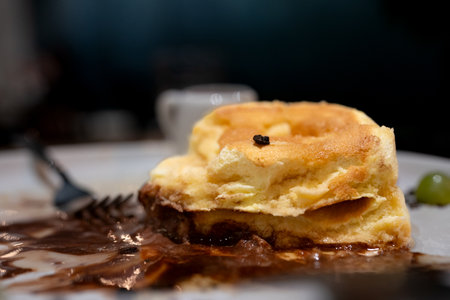 Casserole with raisins and chocolate syrupの写真素材