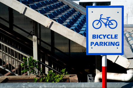 Close-up bicycle parking signage by the streetの写真素材