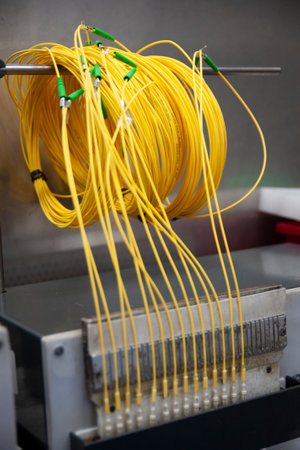 Yellow optical fiber with connector of E2000 type pig tail