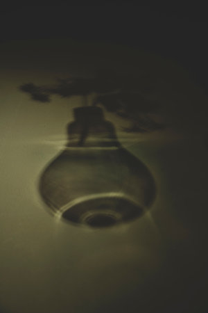 A light bulb in a dark room, reflected in the water.