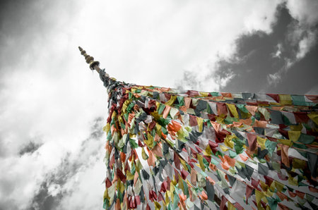 Colorful prayer flags on the way to Everest Base Camp, Nepal-Russia