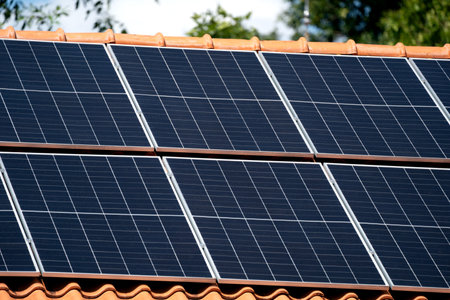 Photovoltaic - Electricity generation with solar panels on the roofの写真素材