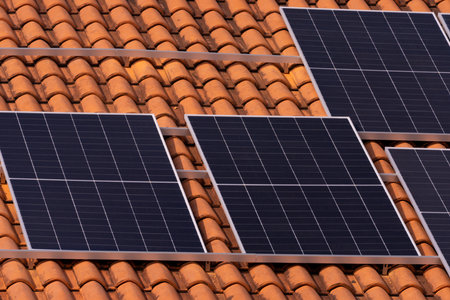 Installation of Photovoltaic - Electricity generation with solar panels on the roofの写真素材