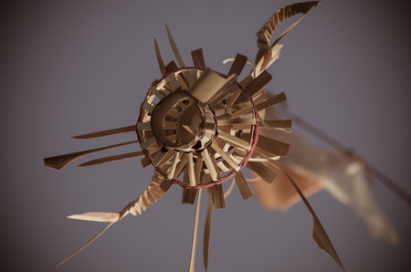 Close-up of a wooden windmill made of birch bark