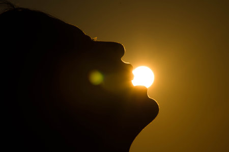Silhouette of a woman's face against the setting sun.の写真素材