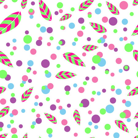 colorful varied dots with pink and green leaves on white background seamless patternのイラスト素材