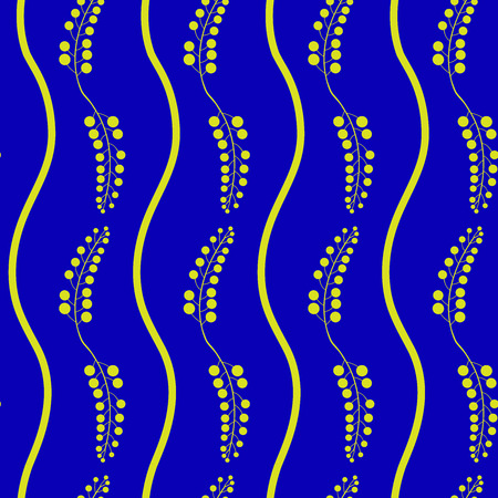 gold berries and vertical curvy lines on royal blue solid background seamless patternのイラスト素材
