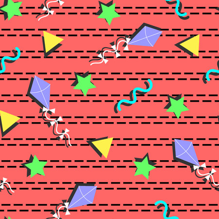 kites, stars, triangles and curvy lines with drop shadow Memphis style pattern on dashed background seamless patternのイラスト素材