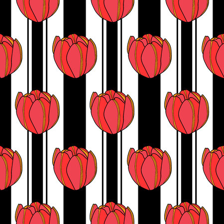 vector illustration bright tulip bulb on black striped background repeat patternのイラスト素材