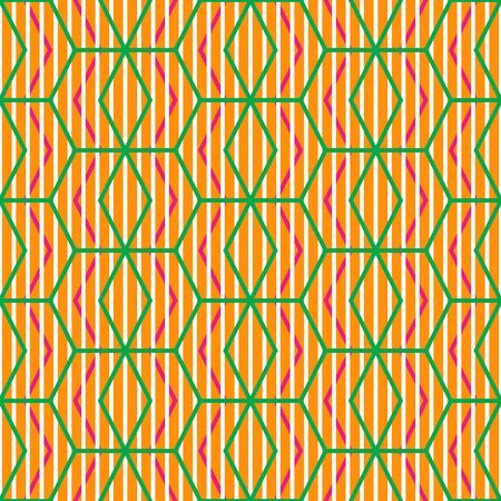 vector illustration. hexagonal geometry  with dashed lines repeat pattern on orange and white striped backgroundのイラスト素材