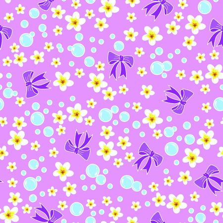 vector illustration. nursery themed. bubbles, bows and plumeria flowers on lavender color background seamless repeat pattern. best for nursery textiles, apparels and decoration.のイラスト素材