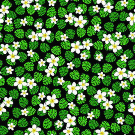 vector illustration. white plumeria flowers on jungle of split leaves with black background seamless repeat pattern.のイラスト素材