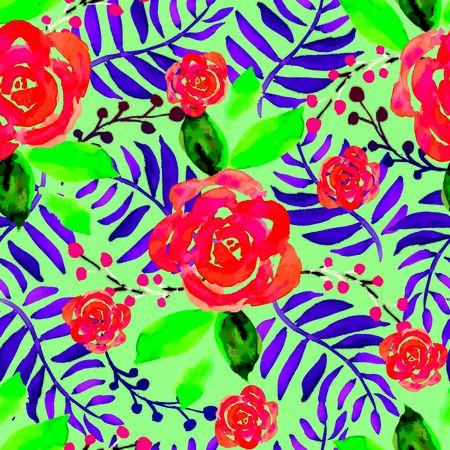vector illustration. red water color roses forest with purple and green leaves and multi color berries on light oak green background seamless repeat pattern.のイラスト素材