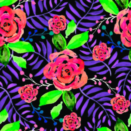vector illustration. red water color roses forest with purple and green leaves and multi color berries on black background seamless repeat pattern.のイラスト素材