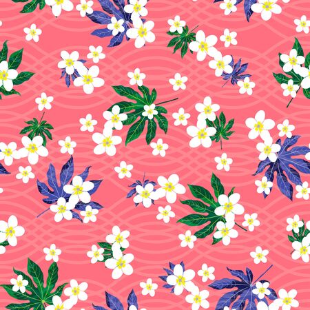 vector illustration. green blue aralia leaves and plumeria flowers on textures pink light pink background seamless repeat pattern. best for girl's textile, apparels and wall paper.のイラスト素材