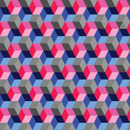 vector illustration.optical illusion cubes made by rhombuses.geometric design. seamless repeat pattern. blue pink gray cubesのイラスト素材