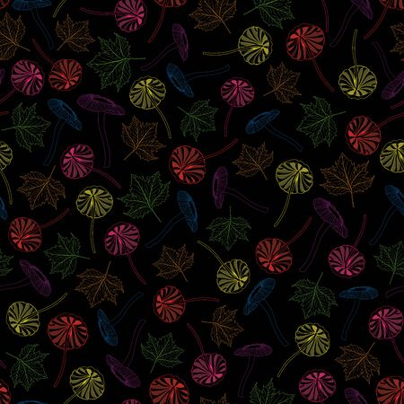 vector illustration. multicolored outlines magical mushrooms with maple leaves on black background seamless repeat pattern. best for textiles, apparels, packaging and other paper goods.のイラスト素材