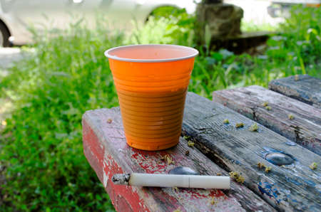 Espresso coffee on old wooden benchの写真素材