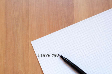 Blank notebook and ink pen on a wooden deskの写真素材
