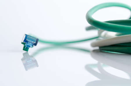 Green network cable on whiteの写真素材
