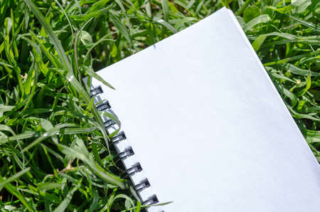 Blank Note Book on Fresh Green Grass Background  with Place for Concept and Idea textの写真素材