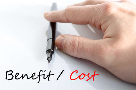 Benefits cost text concept isolated over white backgroundの写真素材
