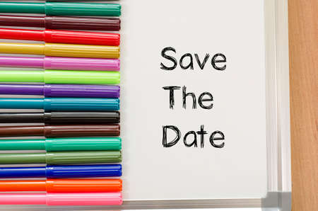 Save the date text concept and colored pensの写真素材