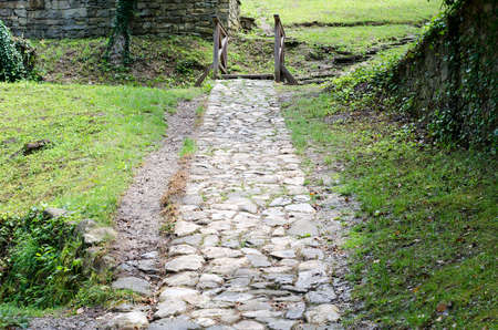 Stone walkway on a grassy fieldの写真素材