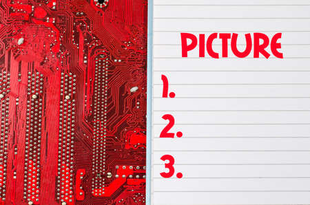 Red old dirty computer circuit board and text conceptの写真素材