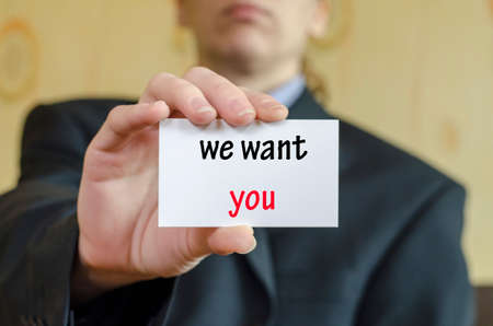 We want you text note concept over business woman backgroundの写真素材