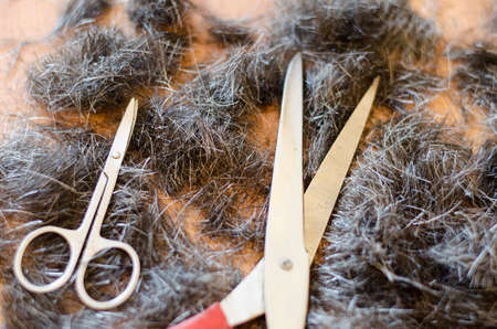 Human hair and scissors over wooden floorの写真素材