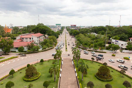 Vientiane, Laos - June 11: Aerial view of the Vientiane city from Patuxai Monument on 11 June 2014 in Vientiane, Laos.のeditorial素材