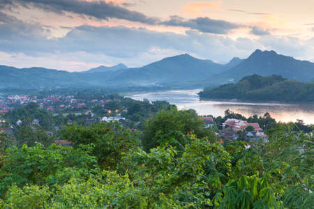 Evening view over Luang Prabang, UNESCO heritage town, Laos.の写真素材