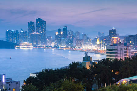 The view of Haeundae beach and Haeundae City skyscrapers at dusk on August 22 2014 Busan South Korea.のeditorial素材