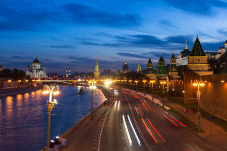 The view of the Moscow Kremlin Ministry of Foreign Affairs Cathedral of Christ the Savior and Kremlevskaya Embankment at dusk Moscow Russia at May July 2014.のeditorial素材