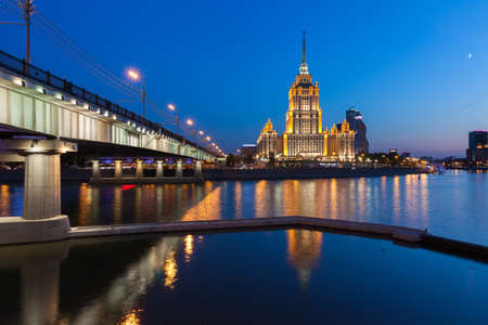 Radisson Royal Hotel or Hotel Ukraina one of the Seven Sisters buildings at dusk Moscow Russia on May 21 2014.のeditorial素材