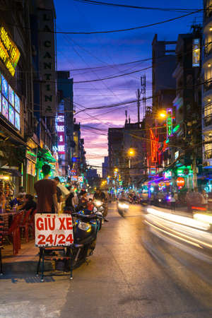 Ho Chi Minh City, Vietnam - November 20, 2015: Night view of crowded Bui Vien street, famous backpackers area in Saigon, November 20, 2015, Vietnam.のeditorial素材