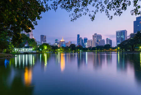Dusk view of the city skyline in Lumpini public park, Bangkok, Thailand
