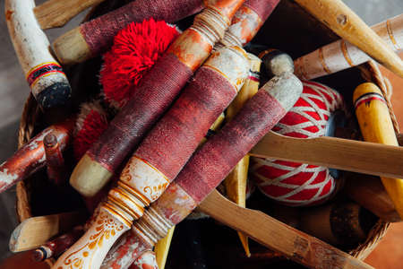 Traditional balinese percussive music instruments instruments for "Gamelan" ensemble music, Ubud, Bali, Indonesia.の写真素材