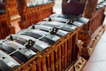 Traditional balinese percussive music instruments instruments for "Gamelan" ensemble music, Ubud, Bali, Indonesia.の写真素材