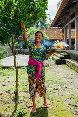 Ubud, Indonesia - March 01, 2016: Balinese woman in traditional clothes making offerings in the temple, Ubud, Bali, Indonesia on March 01, 2016のeditorial素材