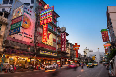 Bangkok, Thailand - April 24, 2016: Sunset view of illuminated Yaowarat road in Chinatown on April 24, 2016 in Bangkok, Thailand.のeditorial素材