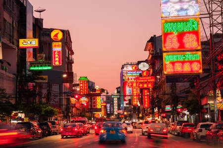 Bangkok, Thailand - April 24, 2016: Sunset view of illuminated Yarowat road in Chinatown on April 24, 2016 in Bangkok, Thailand.のeditorial素材